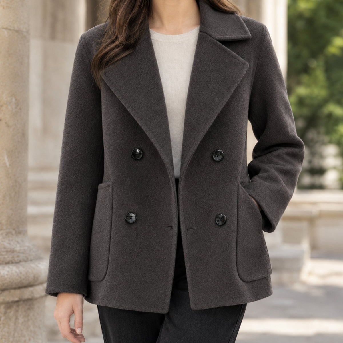 Women's Double-Breasted Relaxed-Fit Wool Coat - Grey