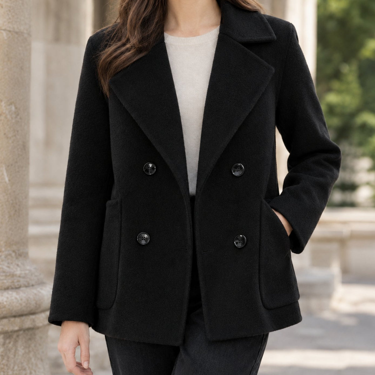 Women's Double-Breasted Relaxed-Fit Wool Coat - Black
