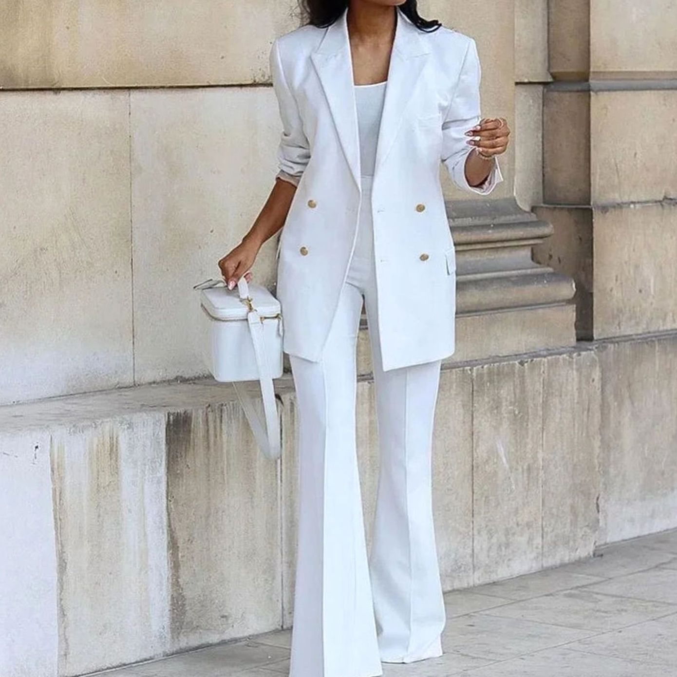 Women's Double-Breasted Tailored Flared Suit Set - White
