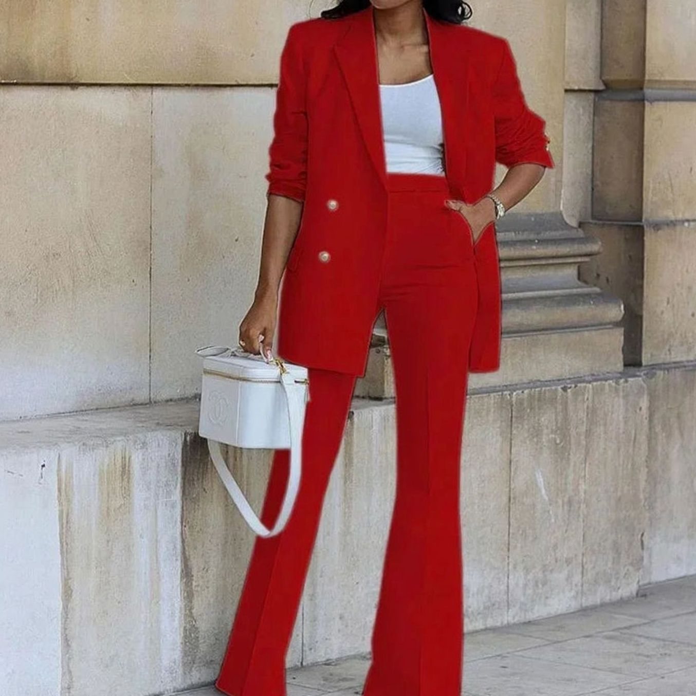 Women's Double-Breasted Tailored Flared Suit Set - Red