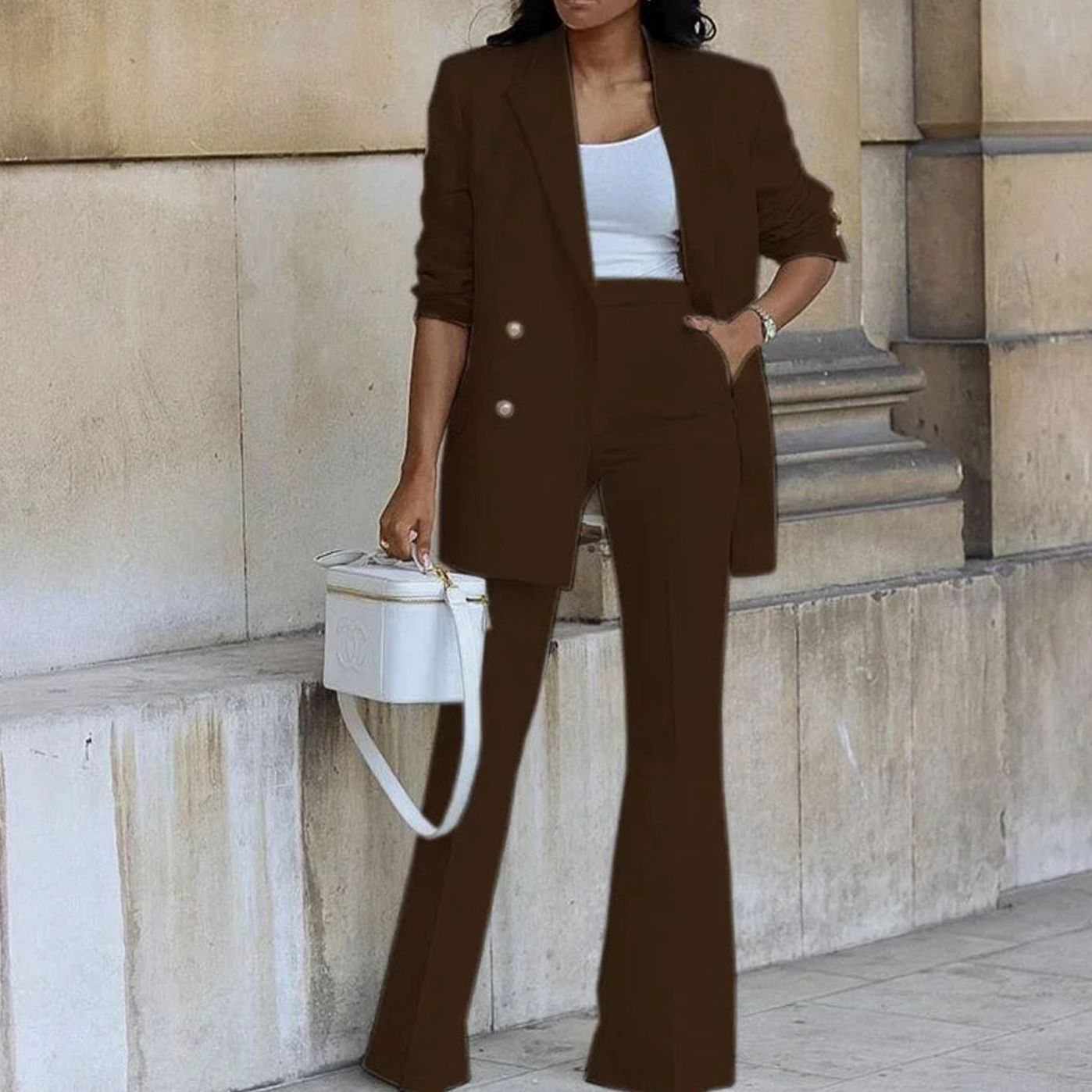 Women's Double-Breasted Tailored Flared Suit Set - Coffee