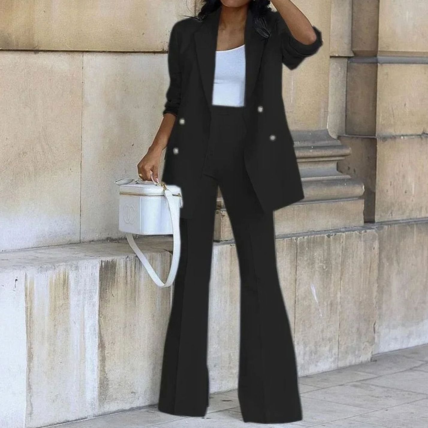 Women's Double-Breasted Tailored Flared Suit Set - Black