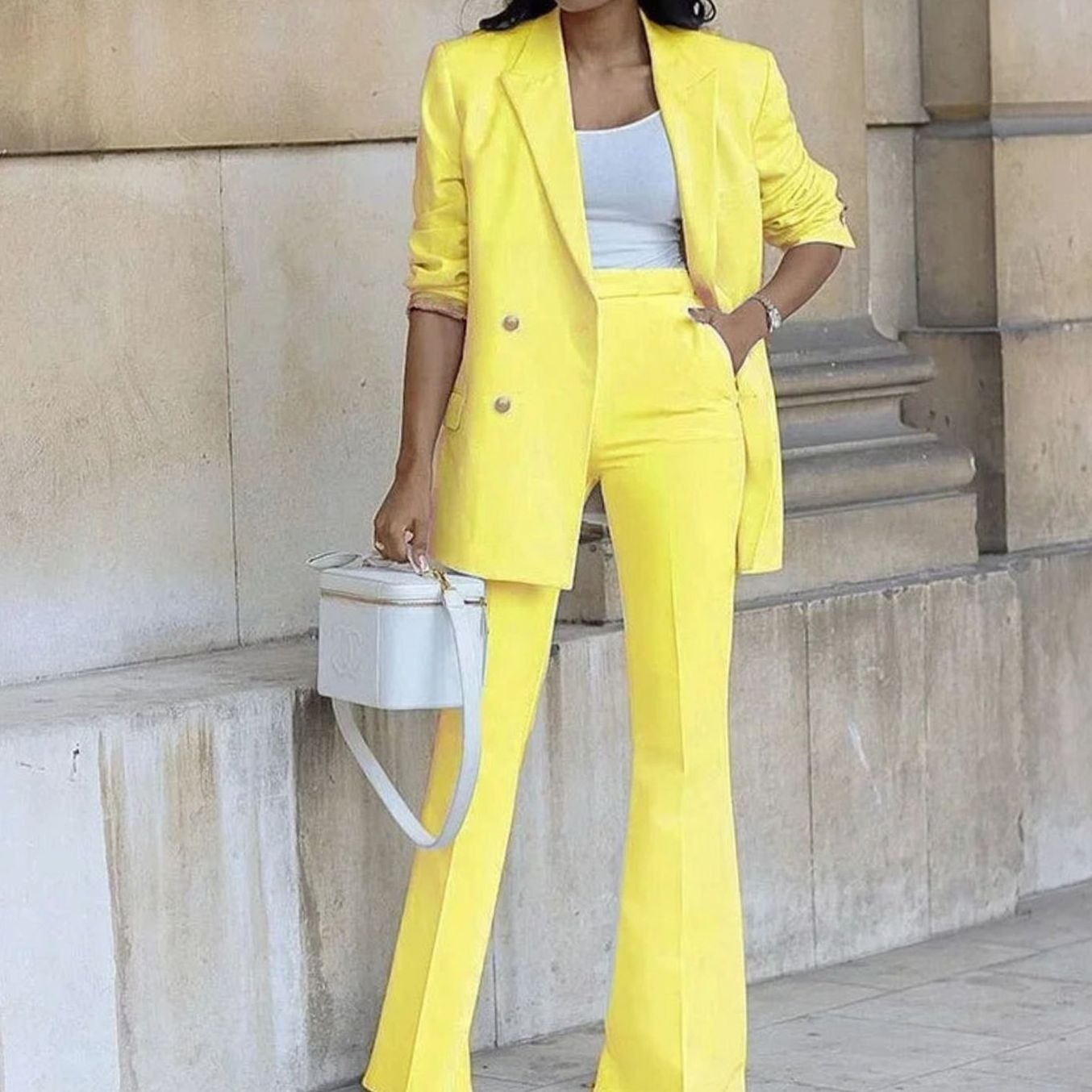 Women's Double-Breasted Tailored Flared Suit Set - Yellow
