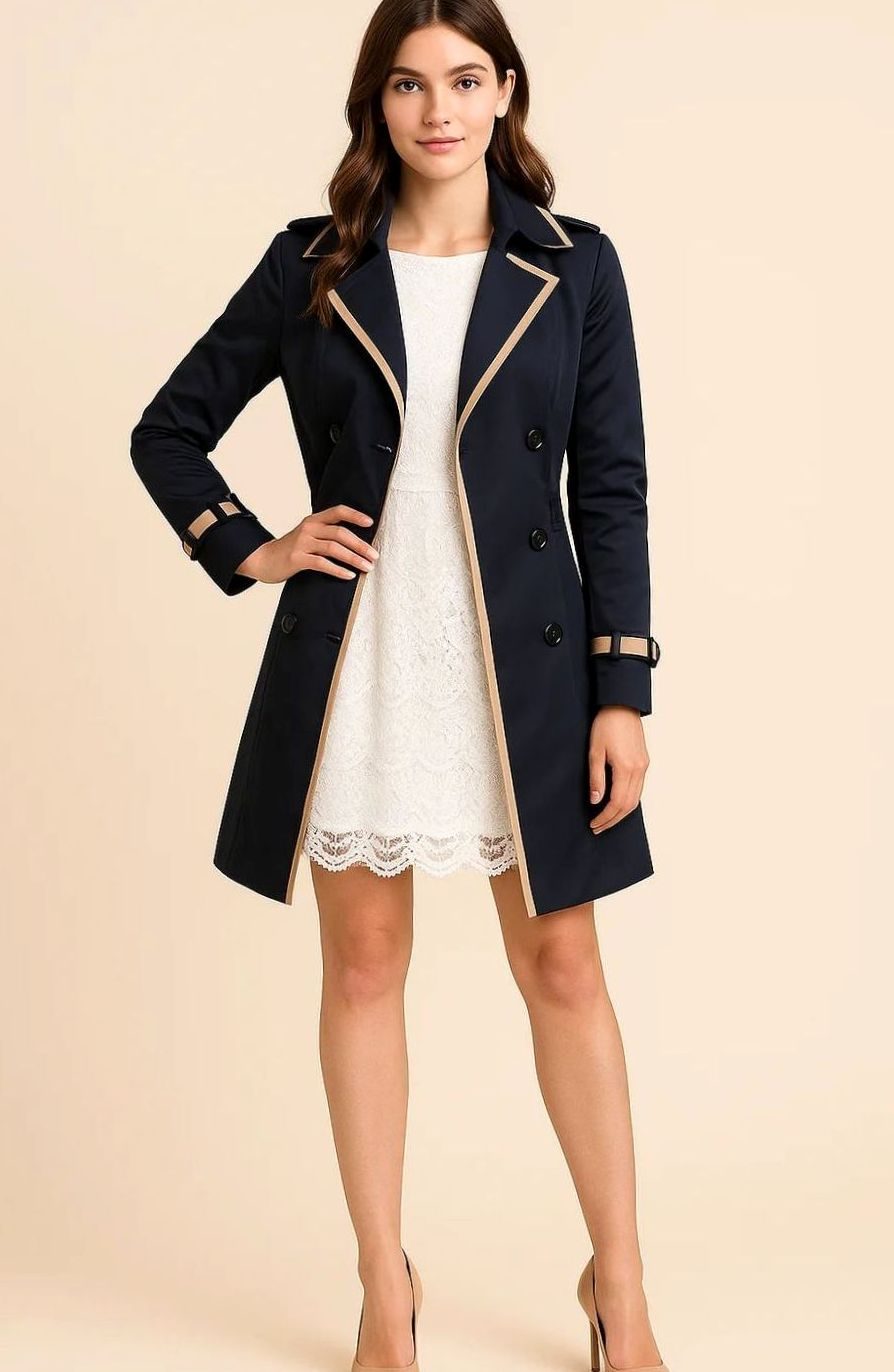 Women's Double-Breasted Trench Coat Black-Trim Classic Mac - Navy Blue