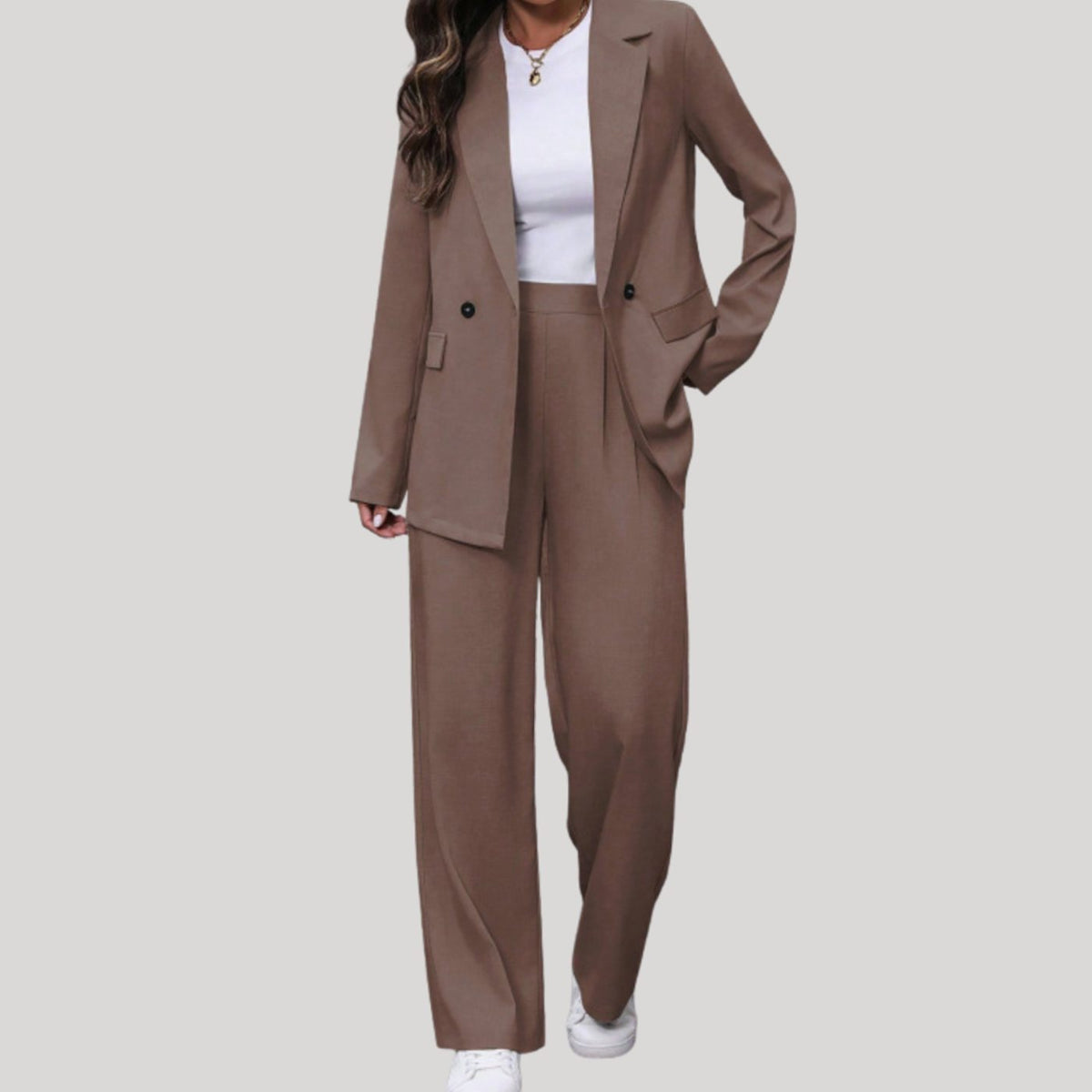 Women's Double-Breasted Wide-Leg Tailored Blazer Pants Suit Set - Brown