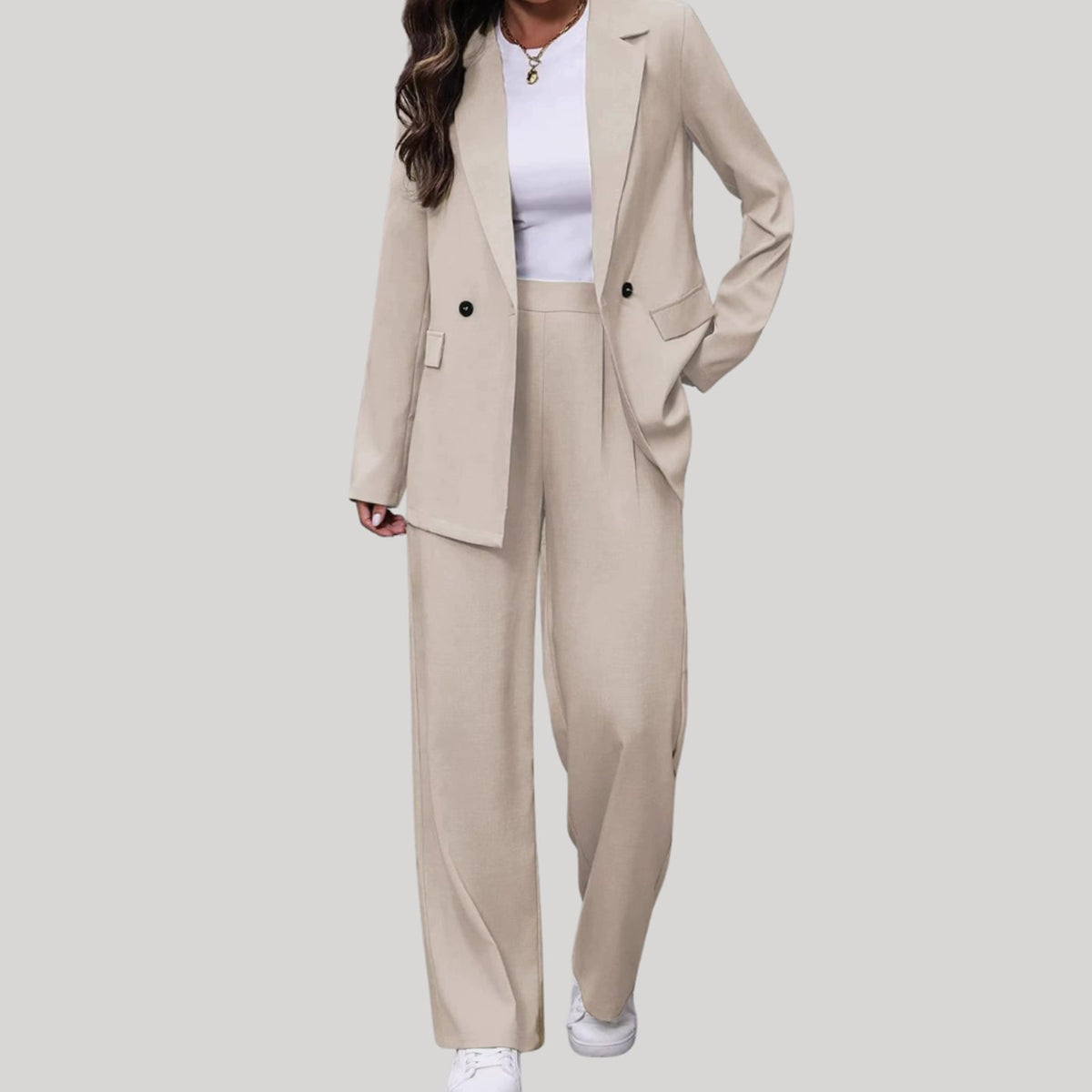 Women's Double-Breasted Wide-Leg Tailored Blazer Pants Suit Set - White