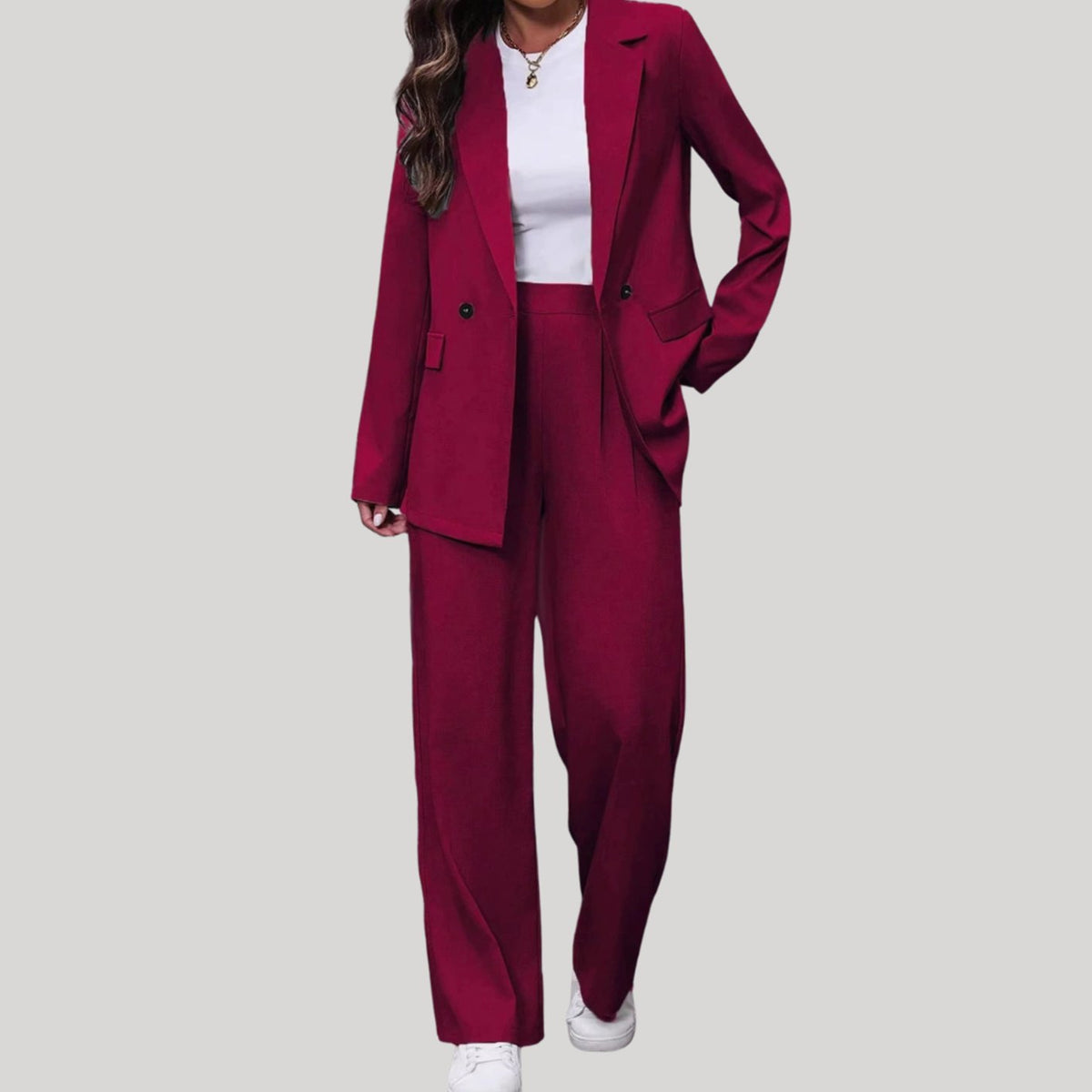 Women's Double-Breasted Wide-Leg Trouser Suit Set - Burgundy