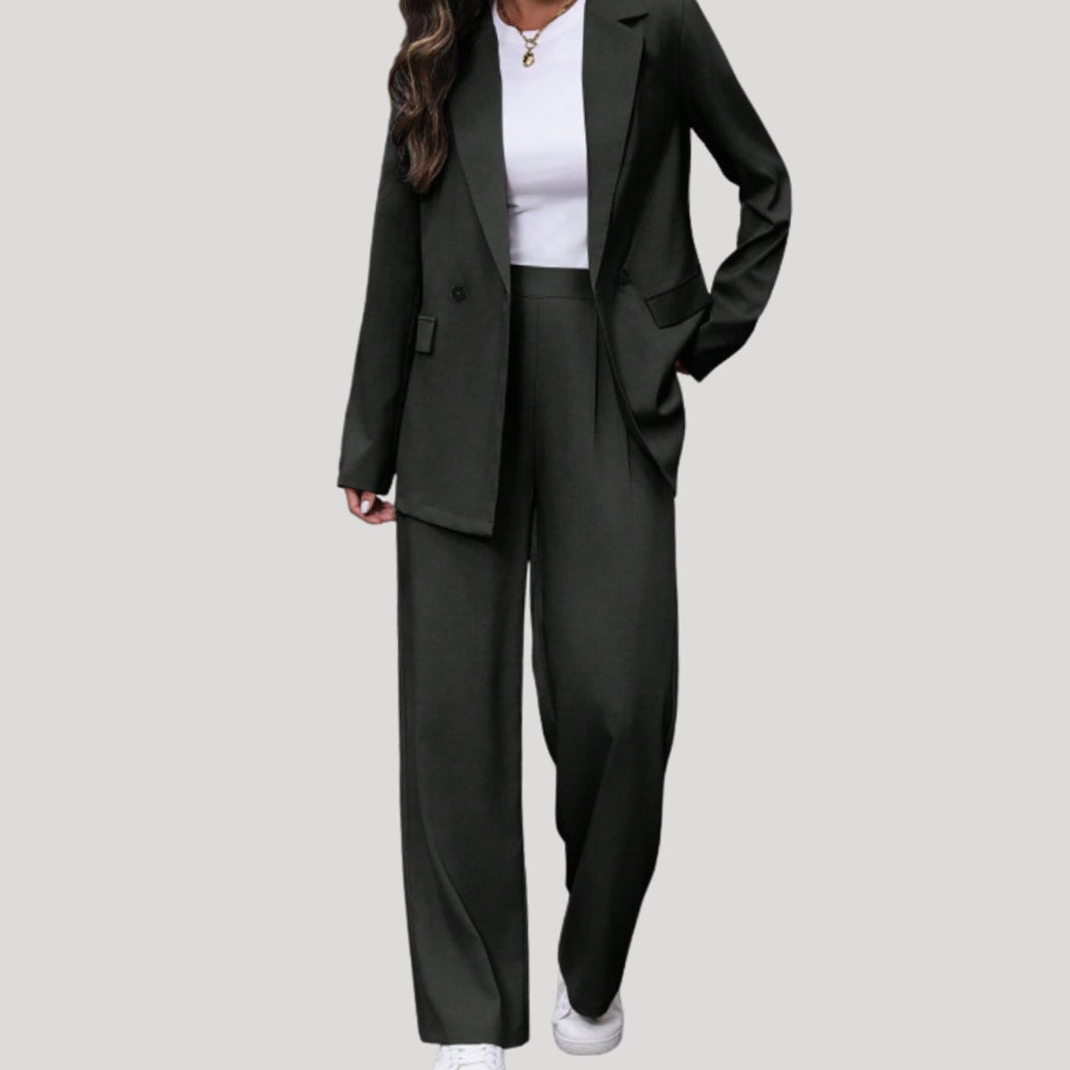 Women's Double-Breasted Wide-Leg Trouser Suit Set - Black