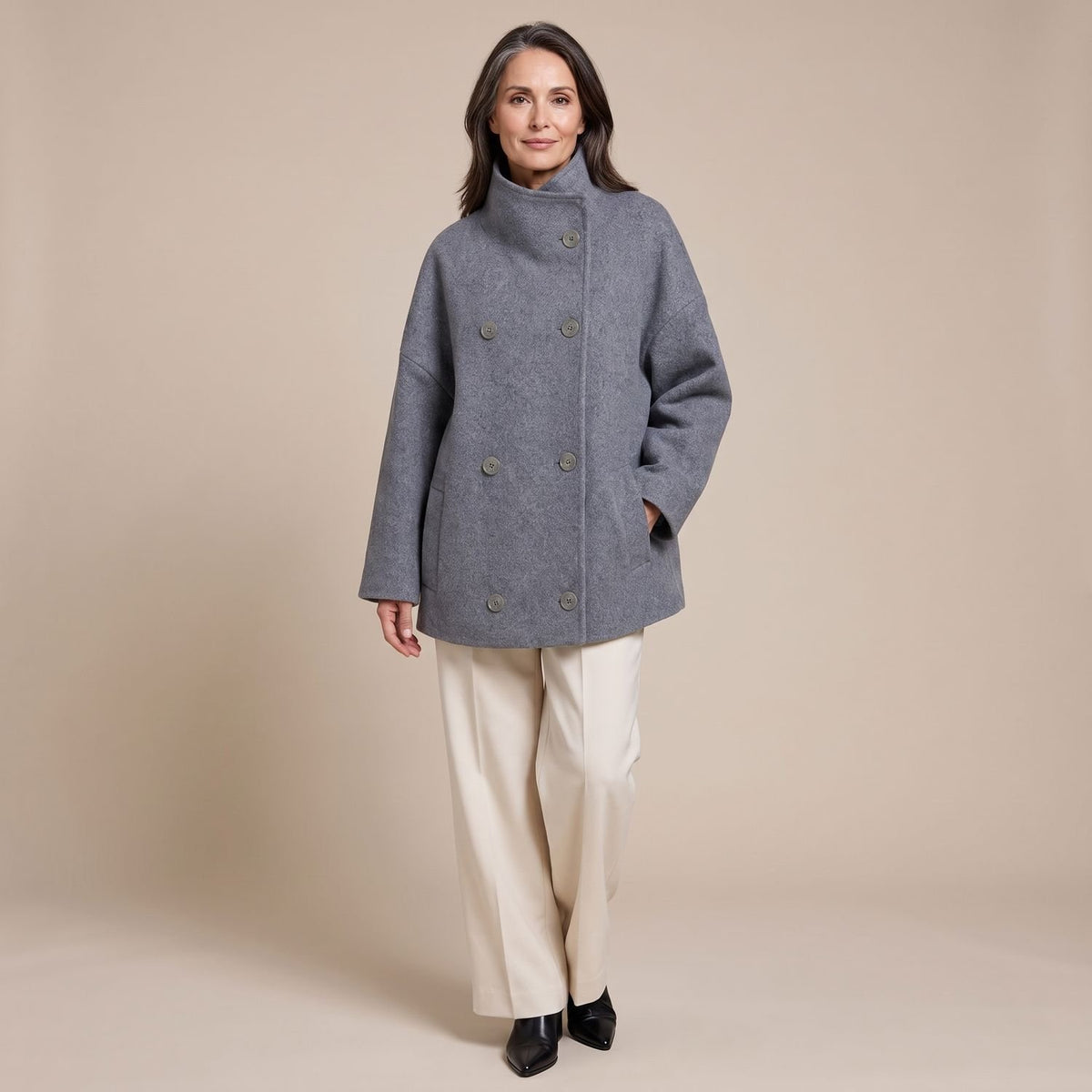 Women's Double-Breasted Wool-Blend Oversized Pea Coat - Grey