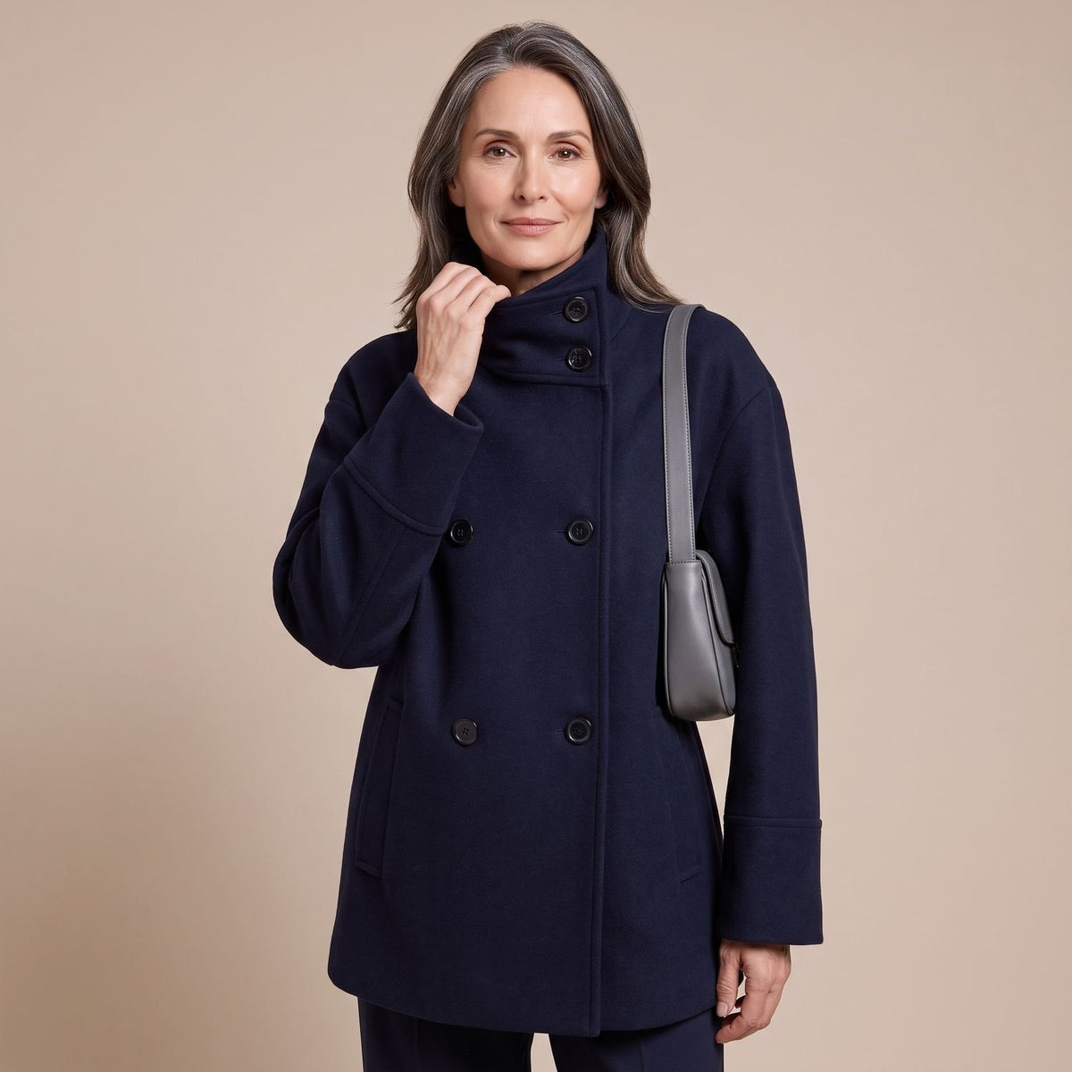 Women's Double-Breasted Wool-Blend Oversized Pea Coat - Dark Blue