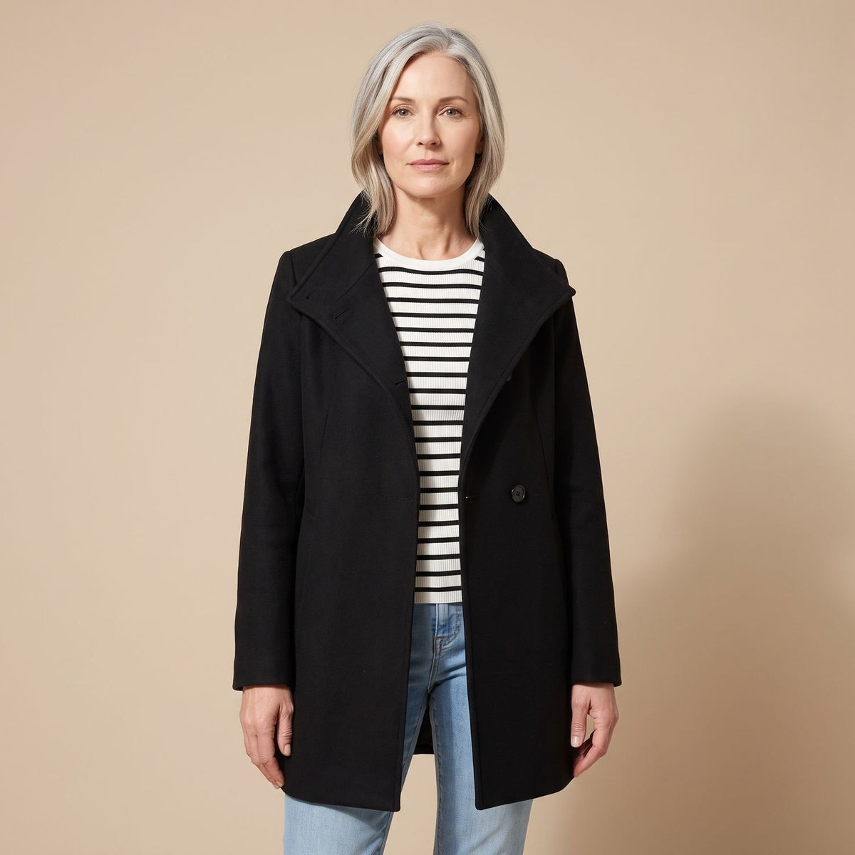Women's Double-Breasted Wool-Blend Oversized Pea Coat - Black