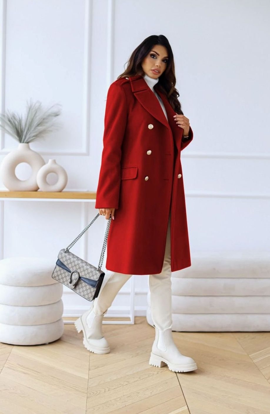 Women's Double Breasted Wool Coat Notch Lapel A-Line