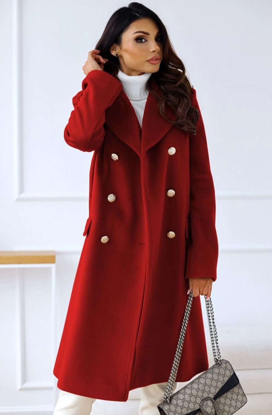 Women's Double Breasted Wool Coat Notch Lapel A-Line - Red
