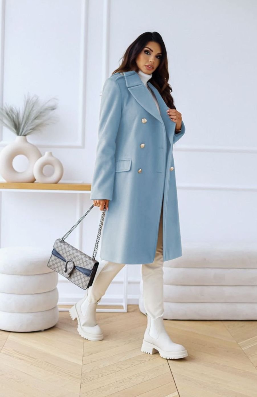 Women's Double Breasted Wool Coat Notch Lapel A-Line