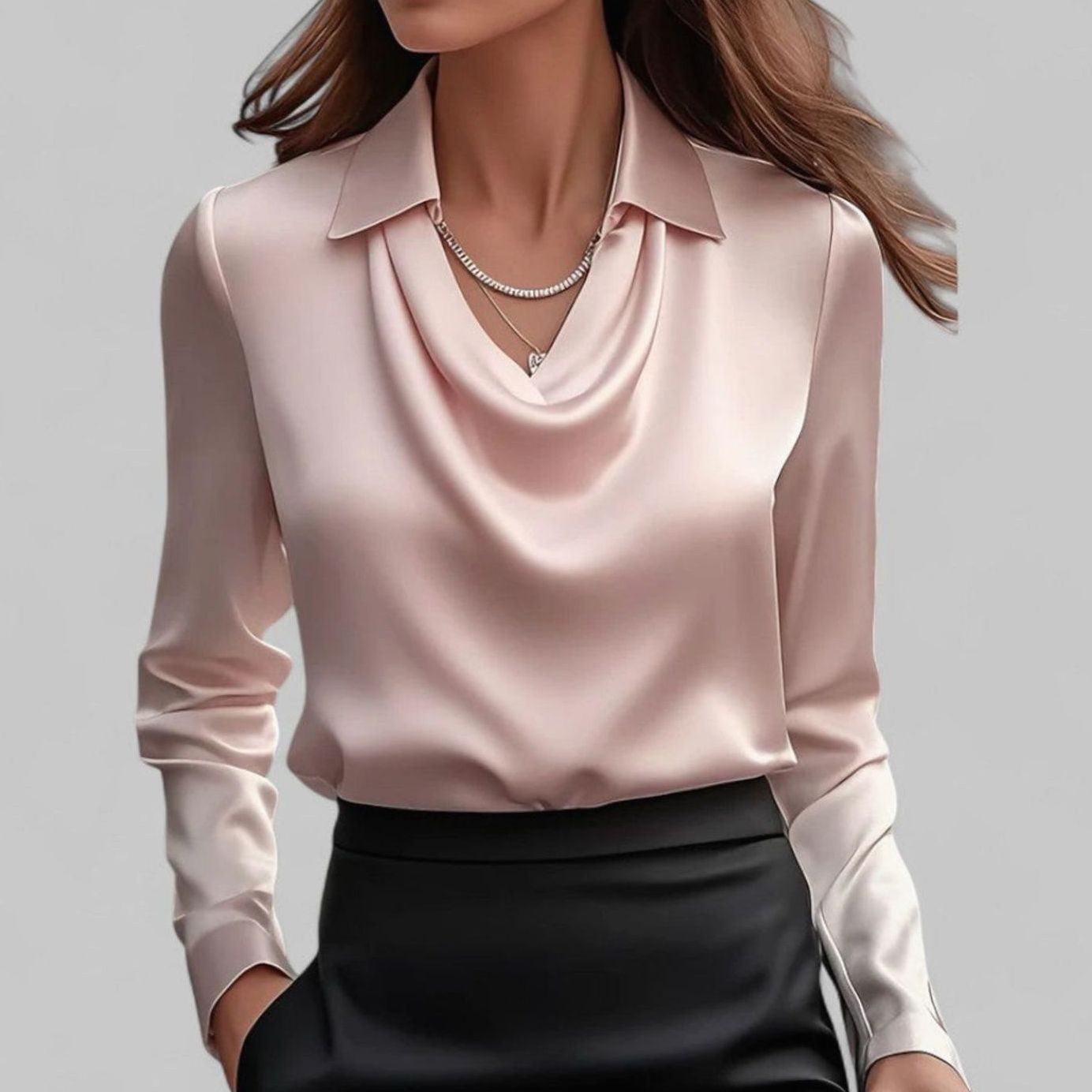 Women's Draped Cowl-Neck Long Sleeve Satin Blouses - Pink