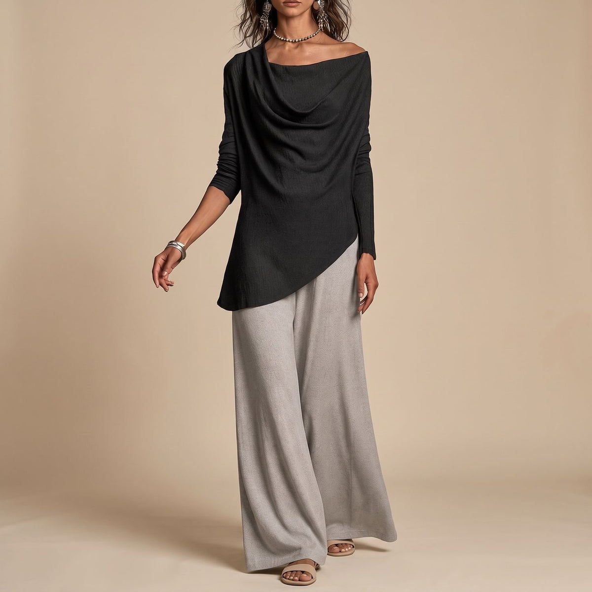 Women's Draped Long Sleeve Top Wide-Leg Trousers Coord Set - Black