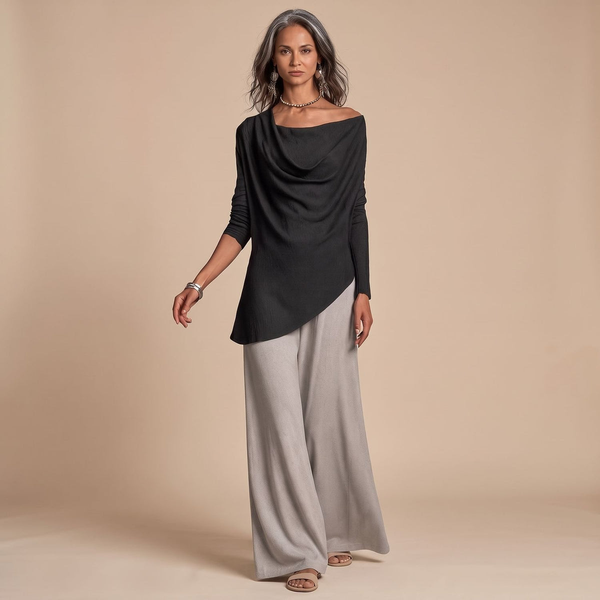 Women's Draped Long Sleeve Top Wide-Leg Trousers Coord Set