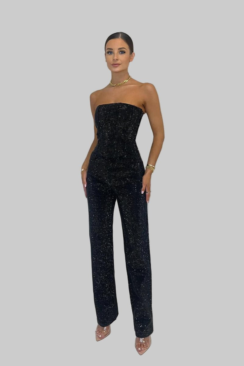 Women's Dress Style Strapless Sequin Straight-Leg Jumpsuit - Black