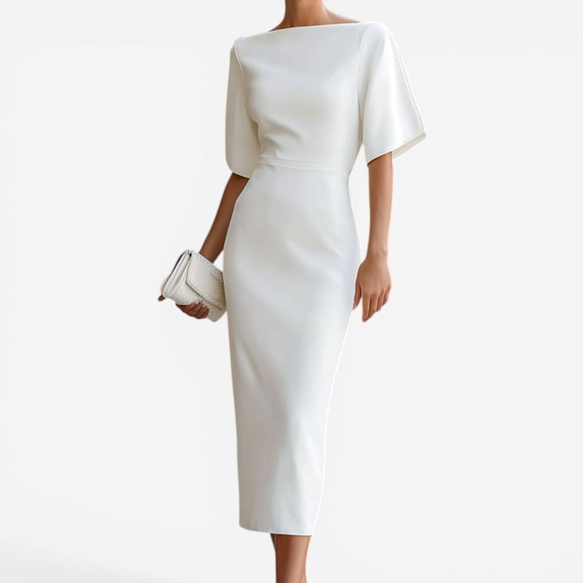 Women's Elegant Boat-Neck Short-Sleeve Midi Dress - White