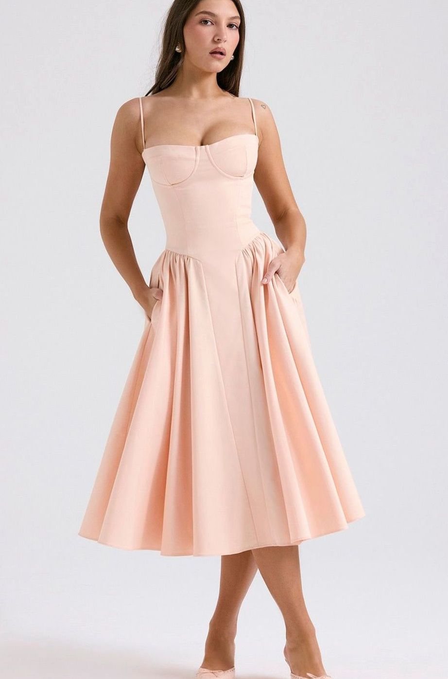 Women's Elegant Bustier Spaghetti-Strap Flared Midi Dress - Light Pink