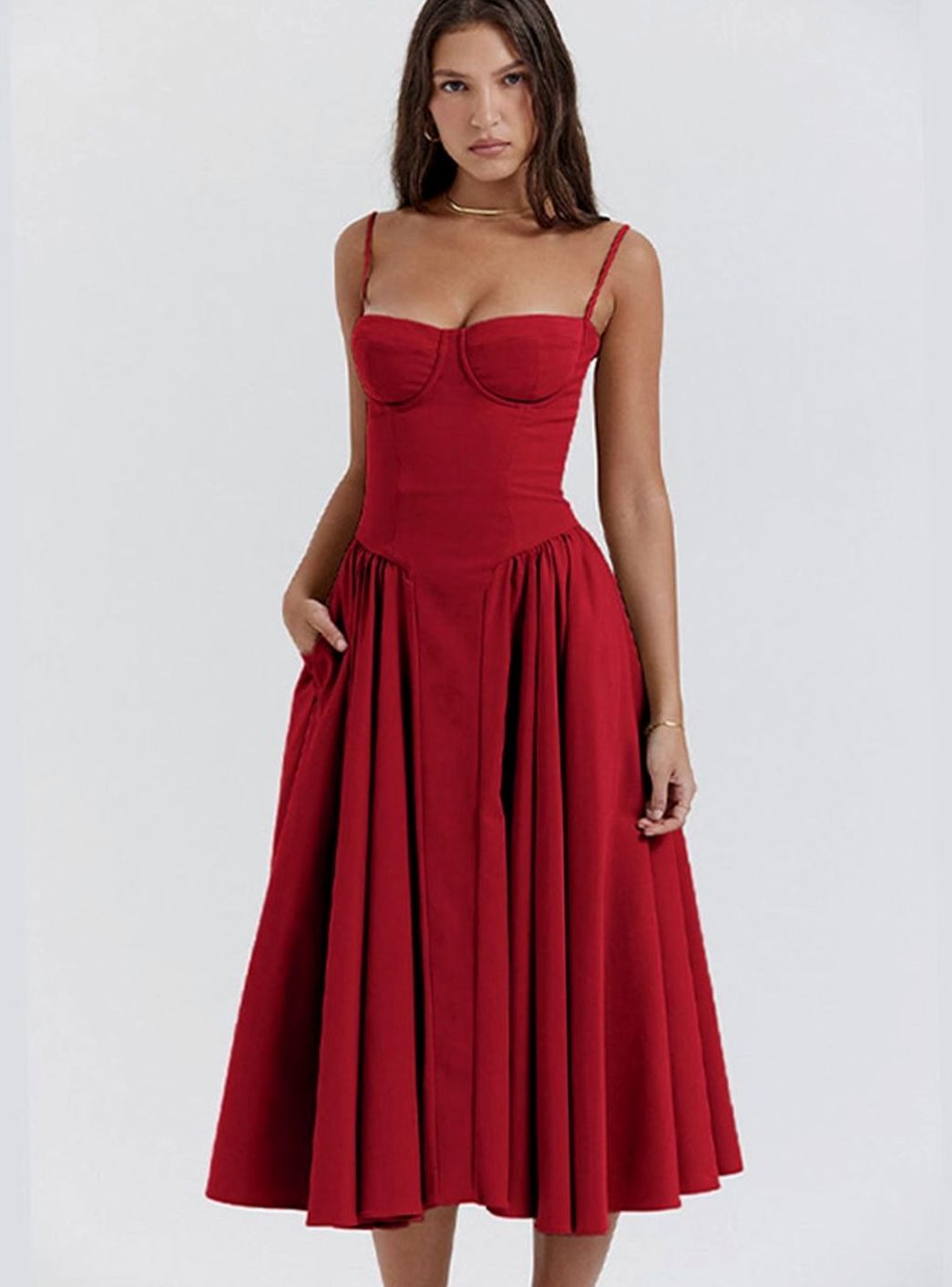 Women's Elegant Bustier Spaghetti-Strap Flared Midi Dress - Red