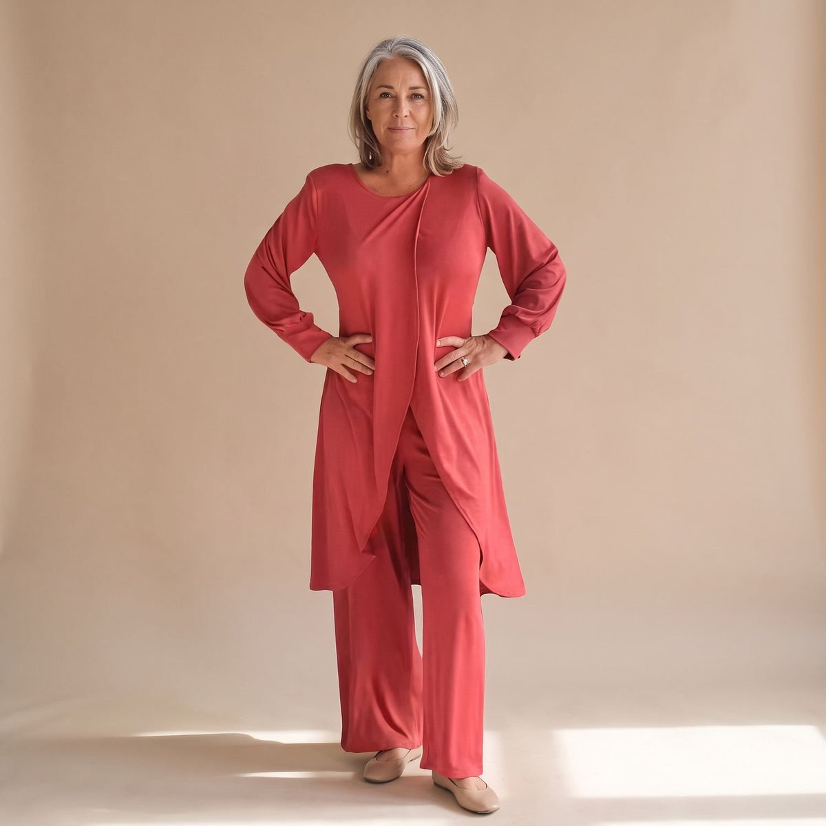 Women's Elegant Coord Set Longline Top Wide-Leg Trouser Two-Piece - Red