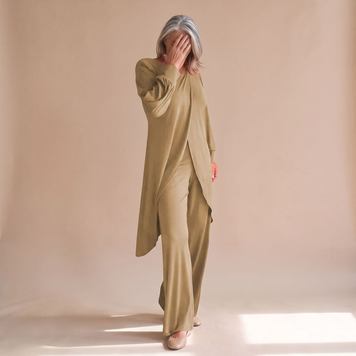 Women's Elegant Coord Set Longline Top Wide-Leg Trouser Two-Piece - Khaki