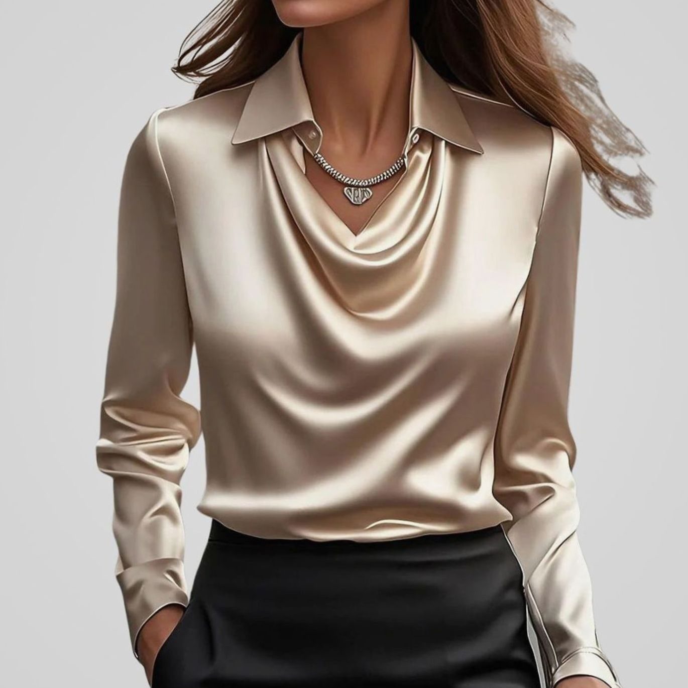 Women's Elegant Cowl-Neck Long-Sleeve Satin Blouse - Champagne