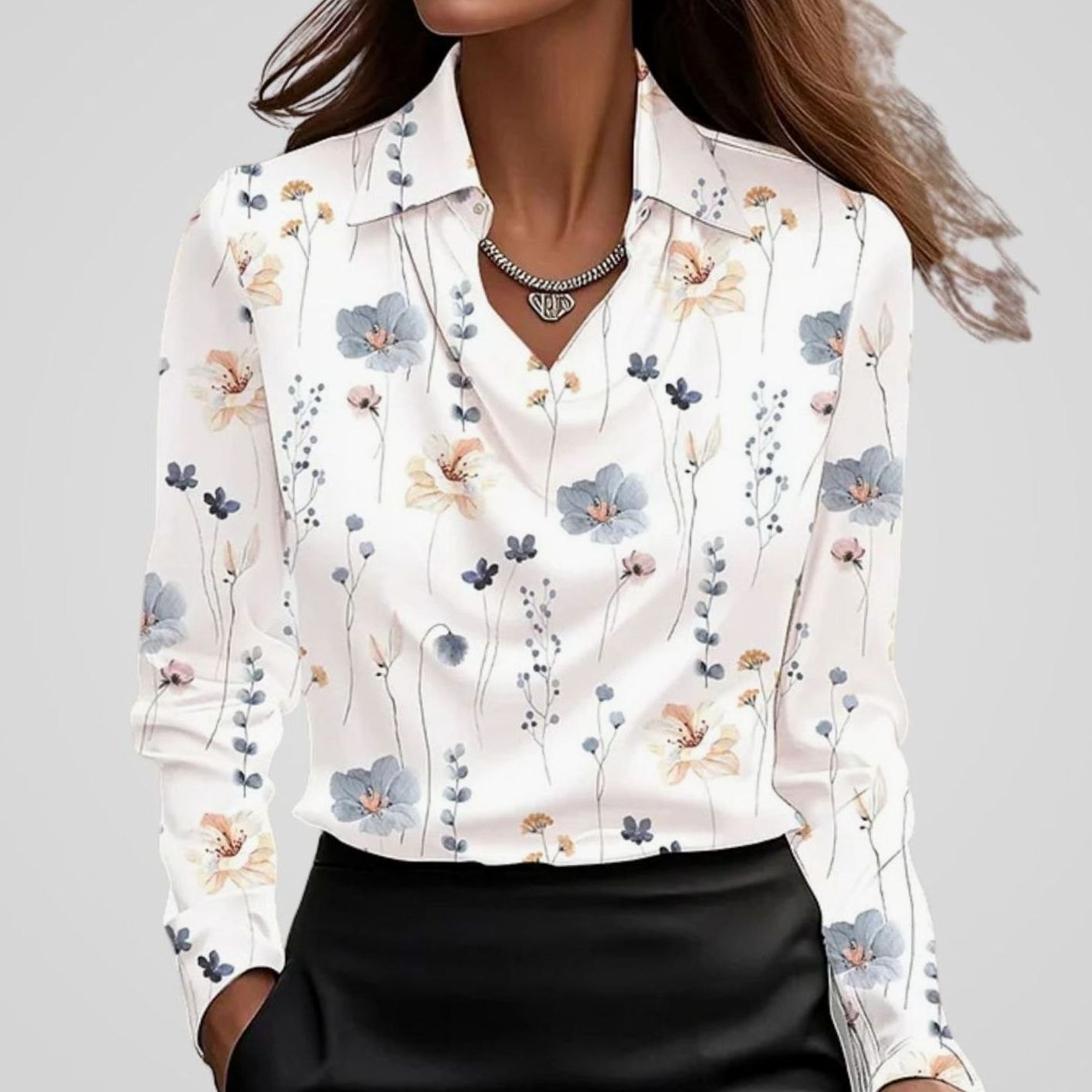 Women's Elegant Cowl-Neck Long-Sleeve Satin Blouse - White Print