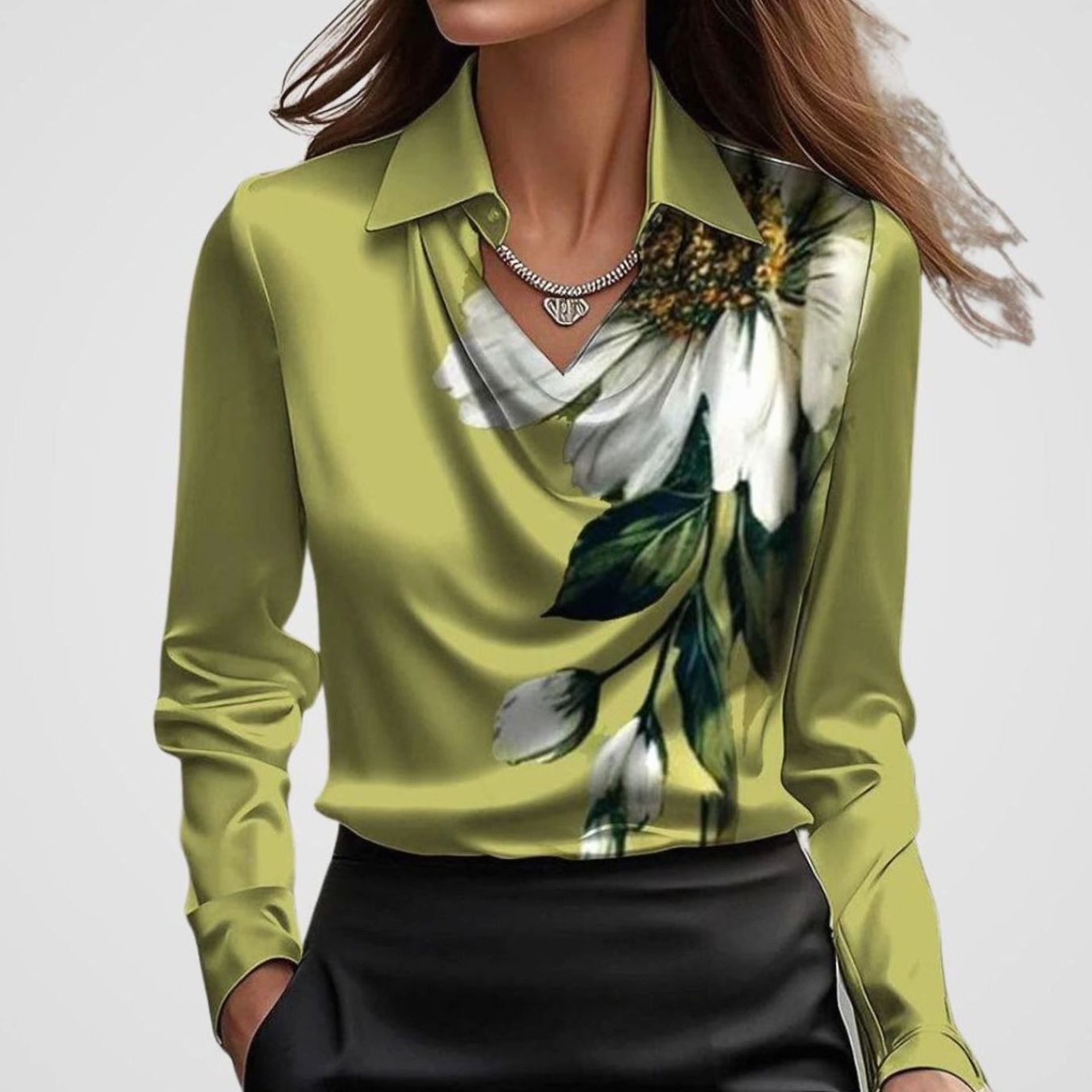 Women's Elegant Cowl-Neck Long-Sleeve Satin Blouse - Green