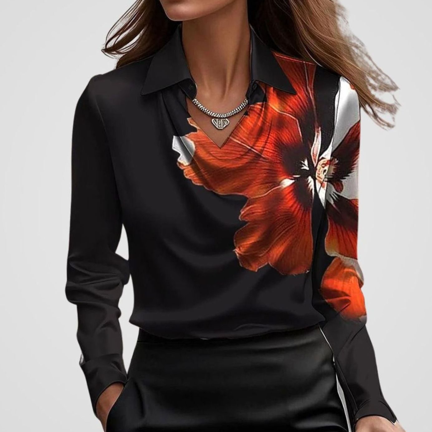 Women's Elegant Cowl-Neck Long-Sleeve Satin Blouse - Black Print