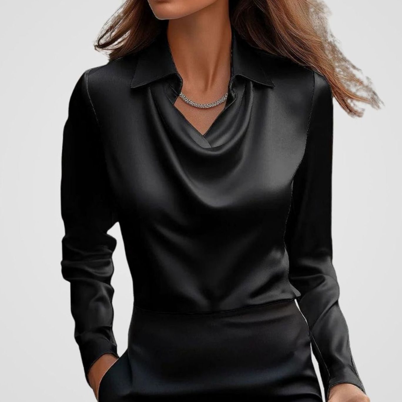 Women's Elegant Cowl-Neck Long-Sleeve Satin Blouse