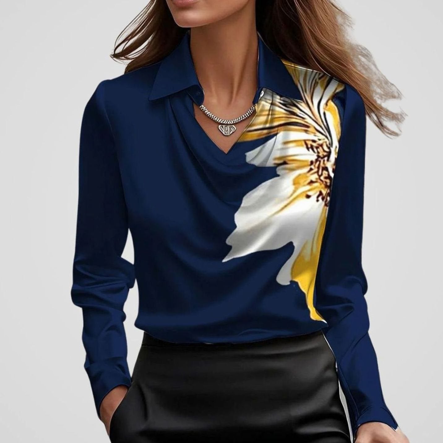 Women's Elegant Cowl-Neck Long-Sleeve Satin Blouse