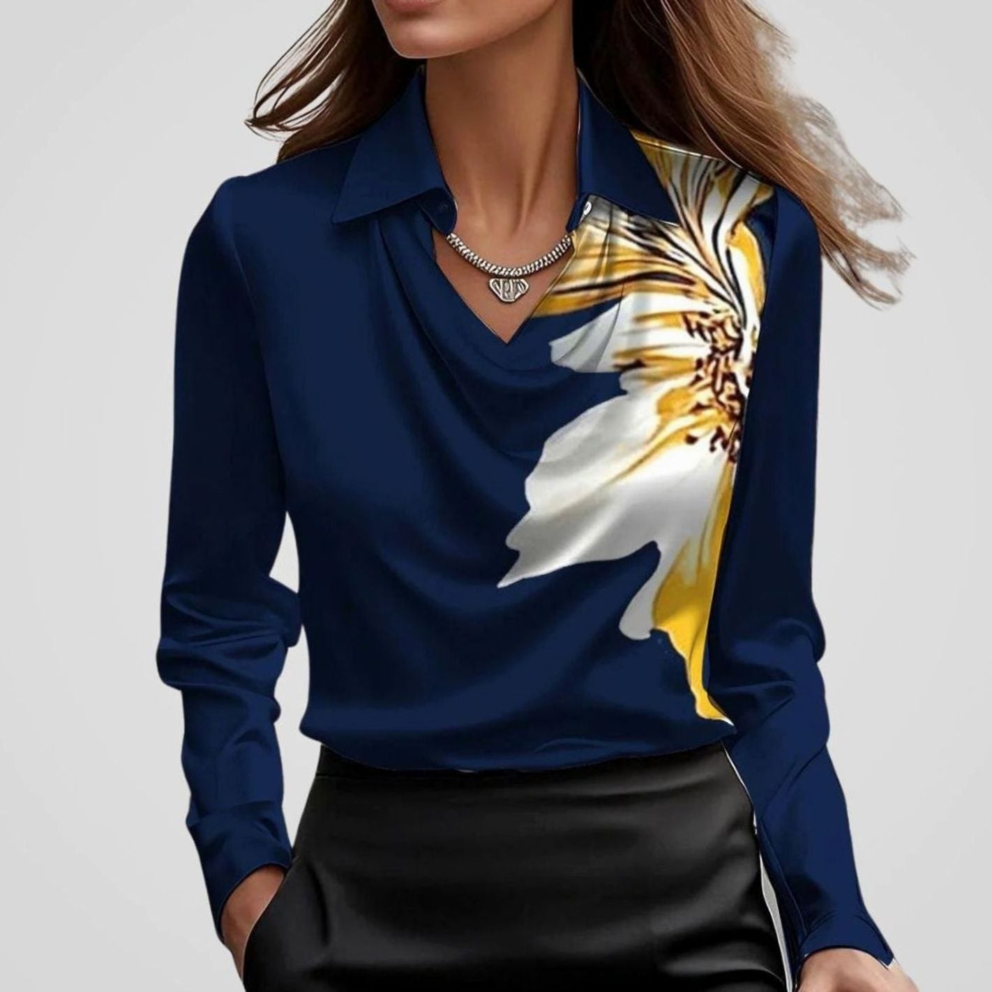 Women's Elegant Cowl-Neck Long-Sleeve Satin Blouse
