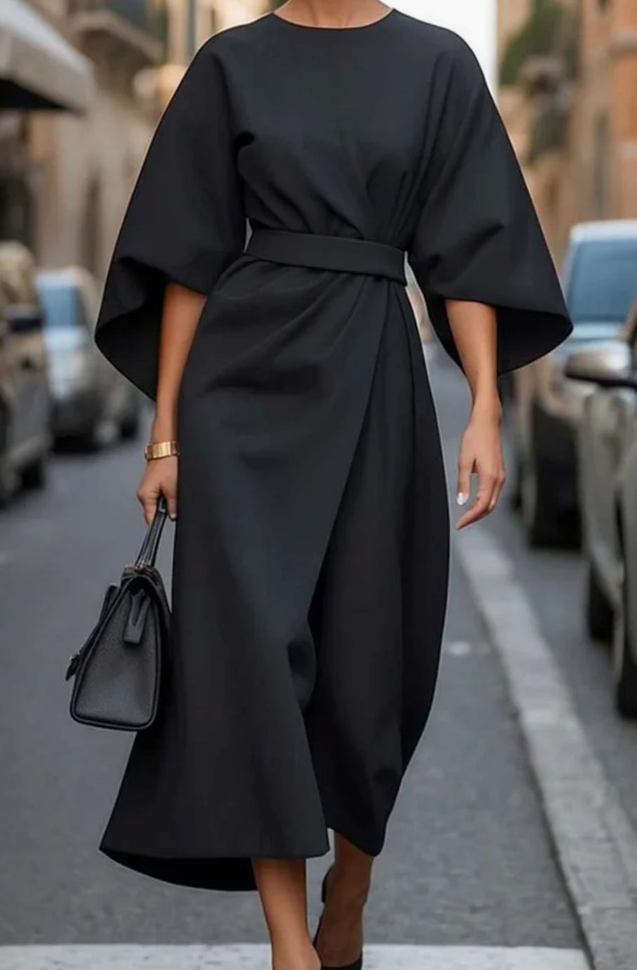 Women's Elegant Dress Belted Midi Lantern Sleeve - Black