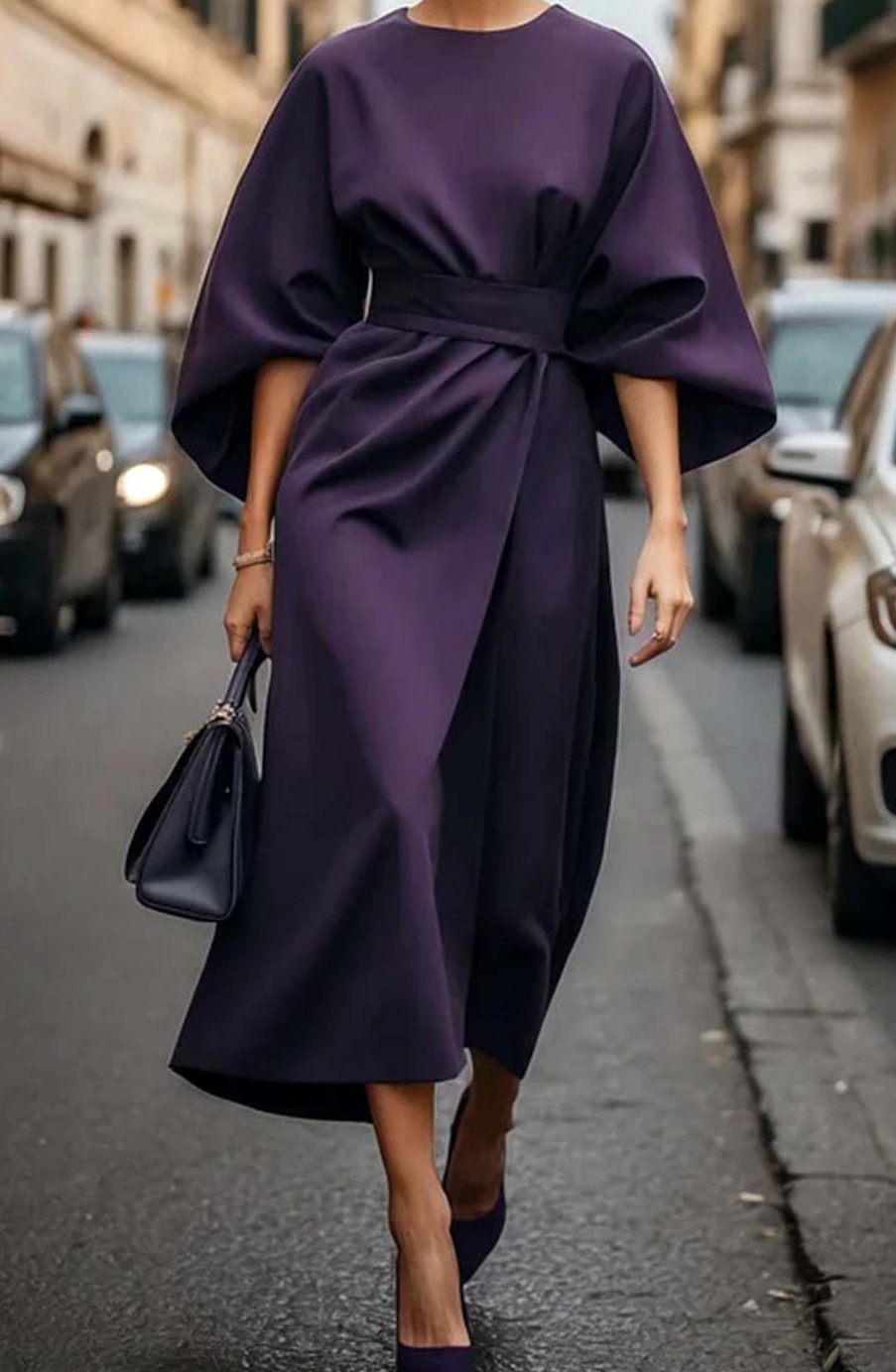 Women's Elegant Dress Belted Midi Lantern Sleeve - Purple