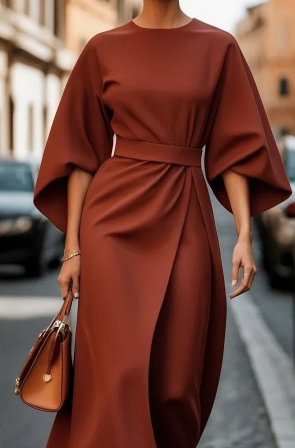 Women's Elegant Dress Belted Midi Lantern Sleeve - Rust Brown