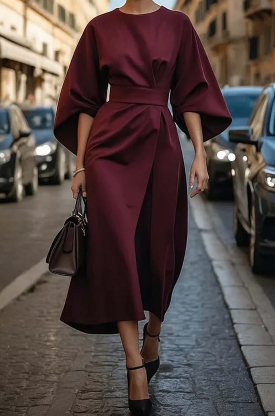 Women's Elegant Dress Belted Midi Lantern Sleeve - Burgundy