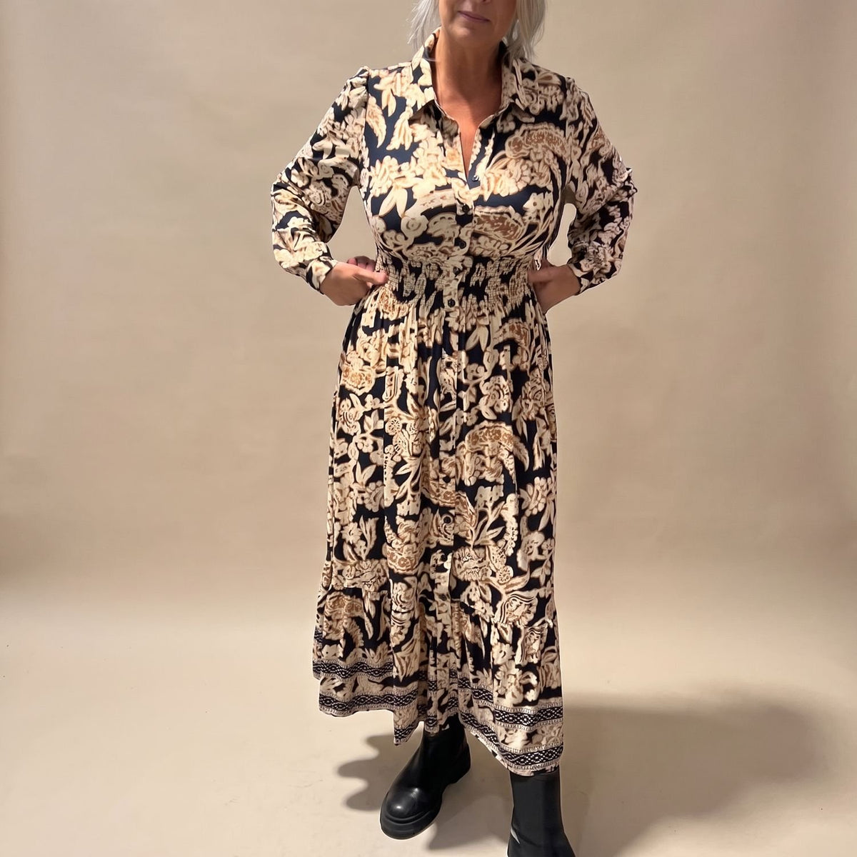 Women's Elegant Floral Printed Long-Sleeve Maxi Shirt Dress