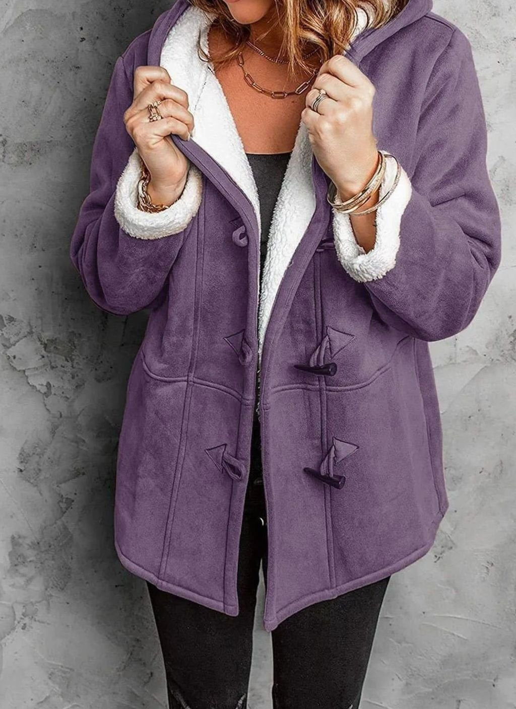 Women's Elegant Hooded Coat Sherpa-Lined Toggle Button - Purple