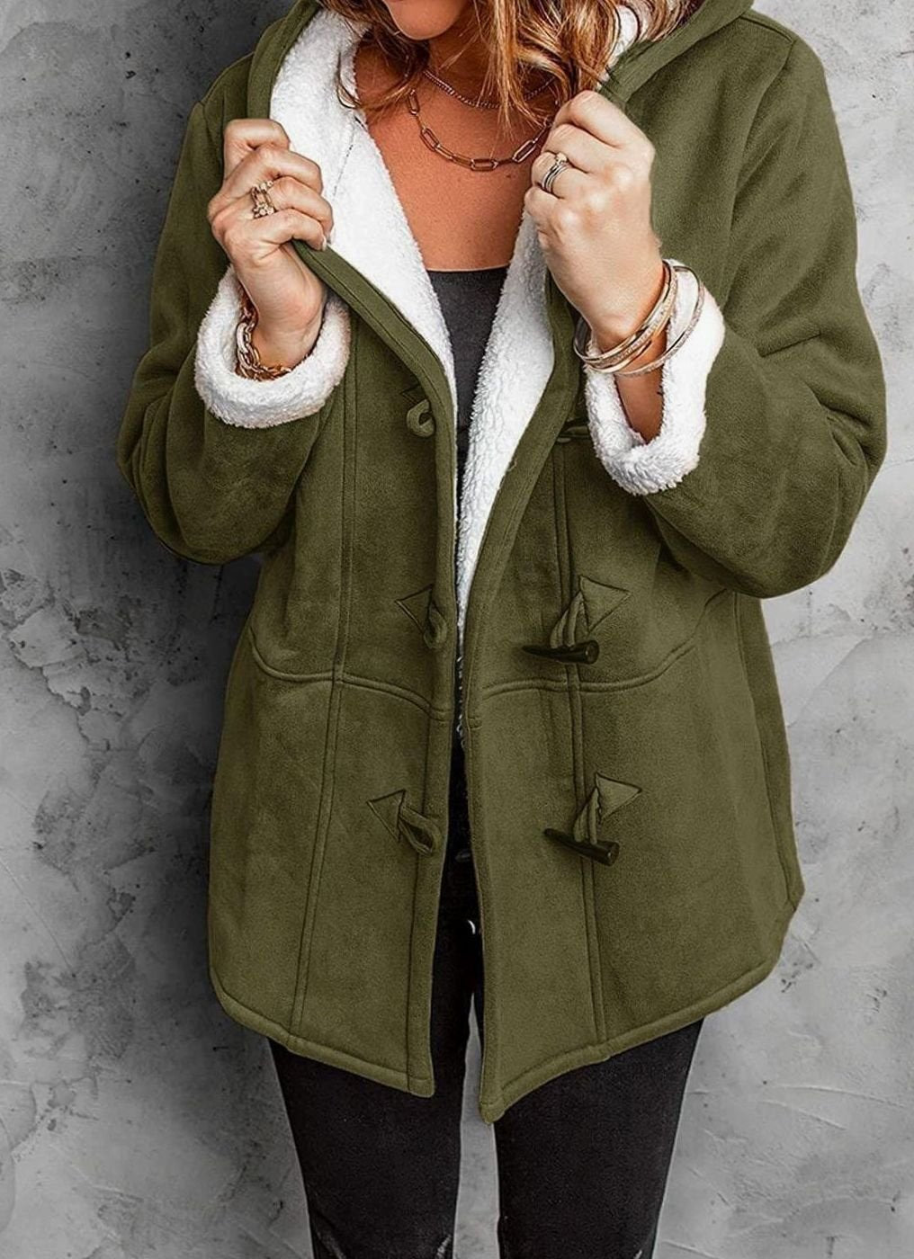 Women's Elegant Hooded Coat Sherpa-Lined Toggle Button - Military Green