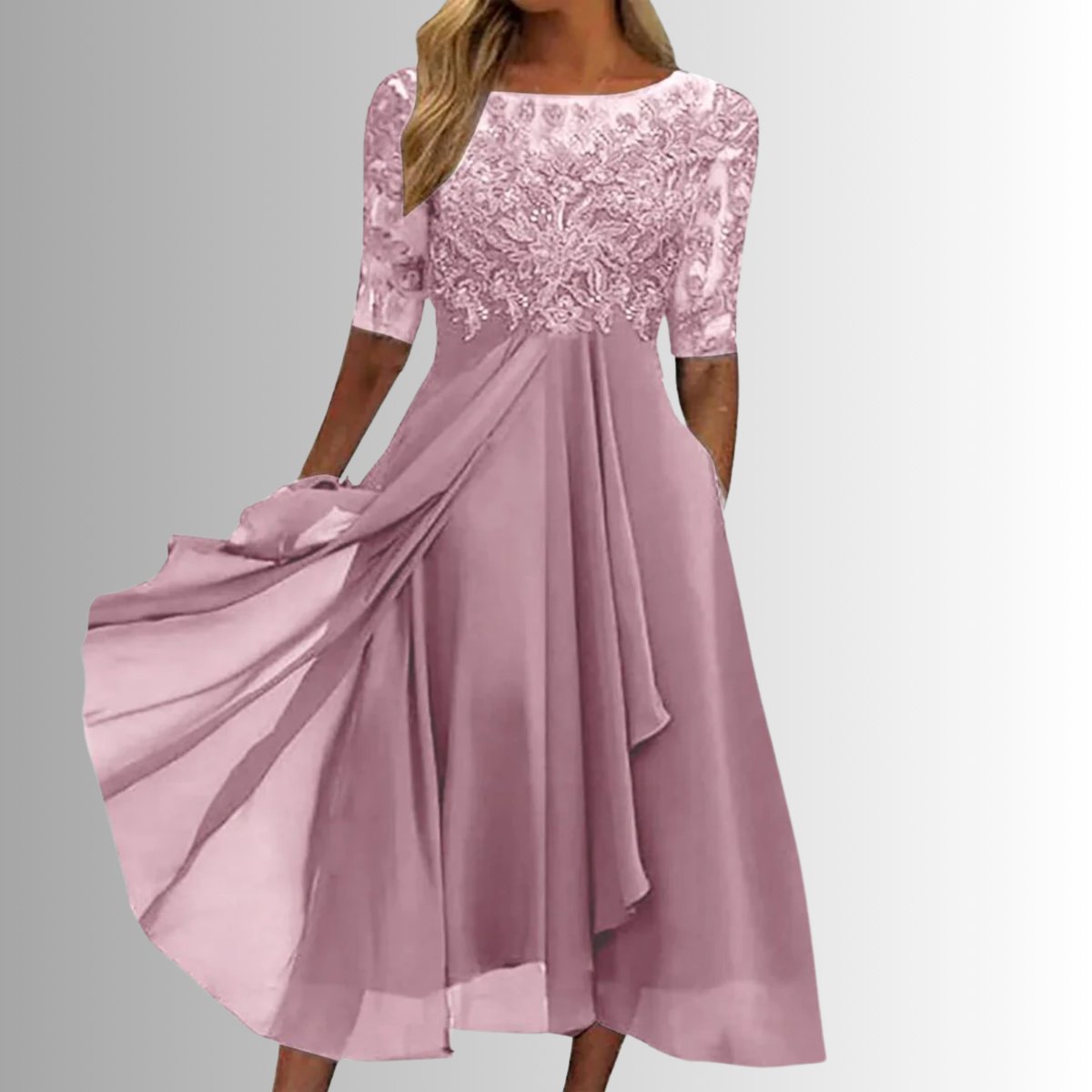 Women's Elegant Lace Bodice Chiffon Formal Dress Midi - Pink