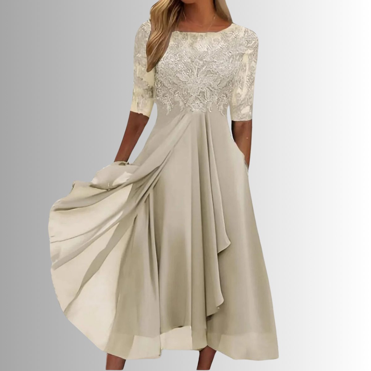 Women's Elegant Lace Bodice Chiffon Formal Dress Midi - Cream