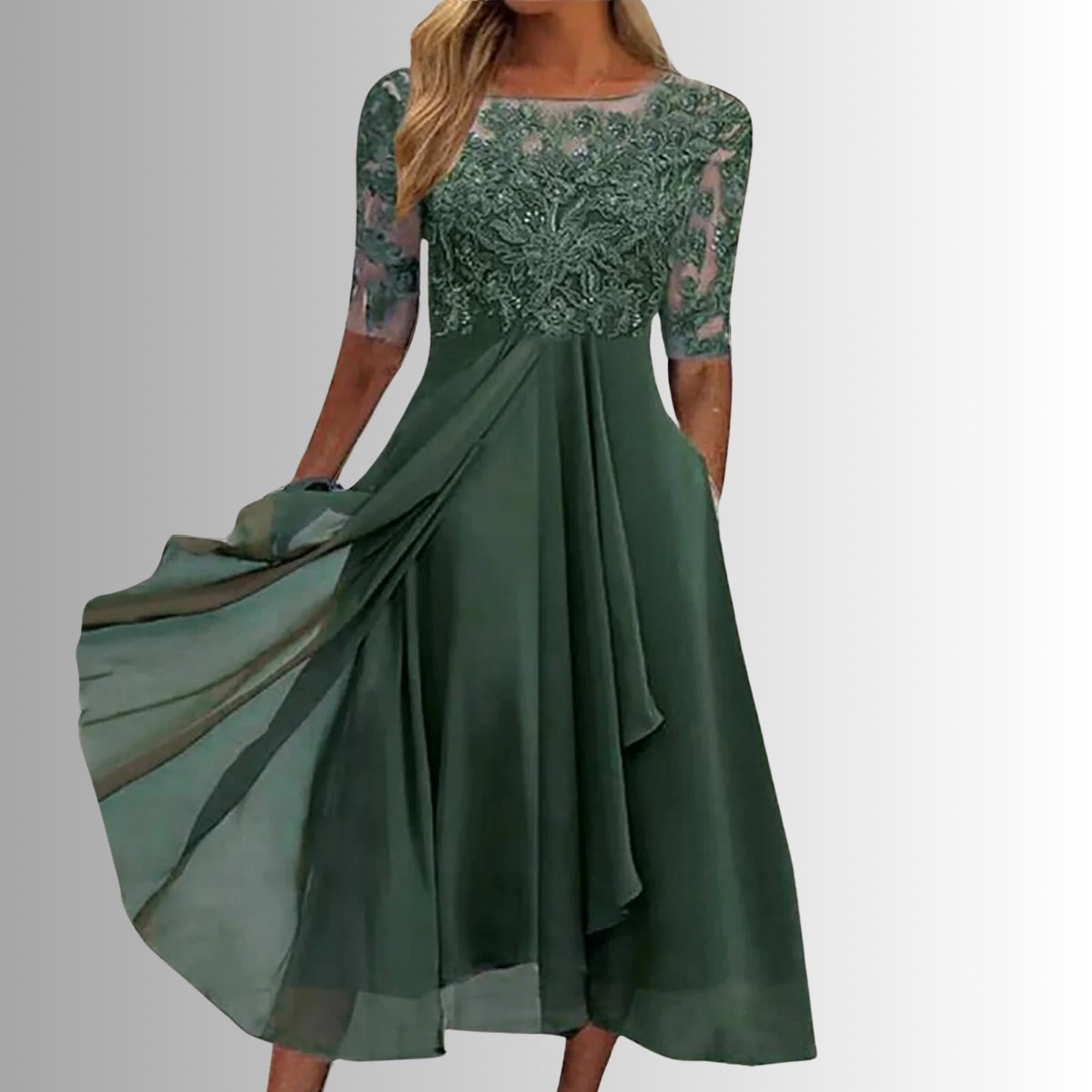 Women's Elegant Lace Bodice Chiffon Formal Dress Midi - Green
