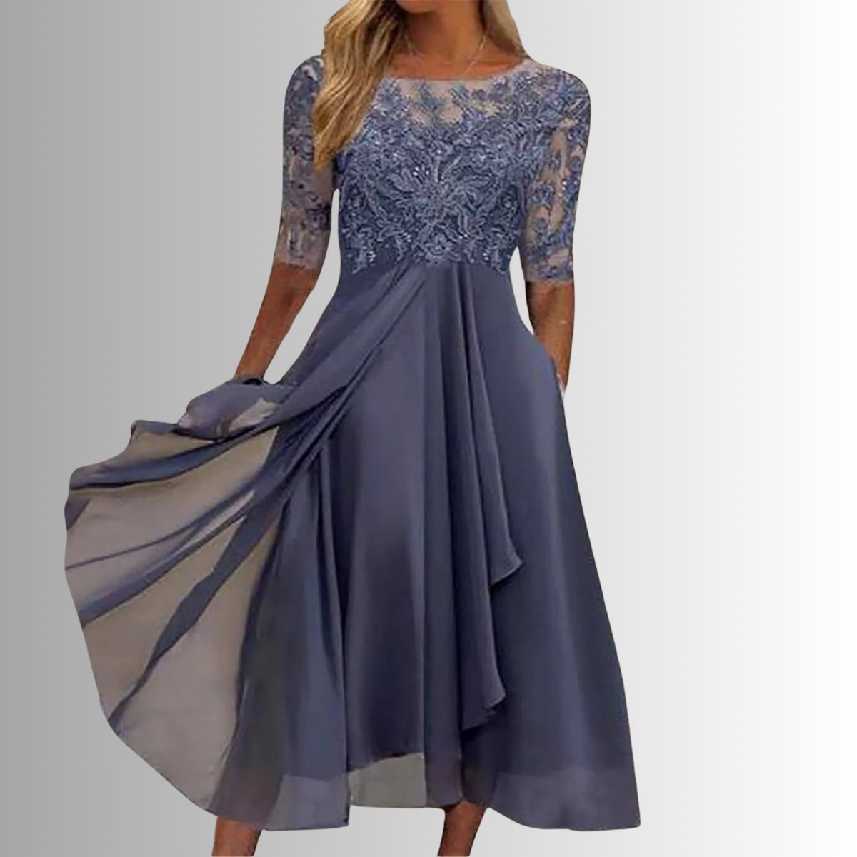 Women's Elegant Lace Bodice Chiffon Formal Dress Midi - Purple