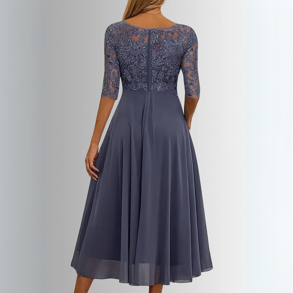 Women's Elegant Lace Bodice Chiffon Formal Dress Midi