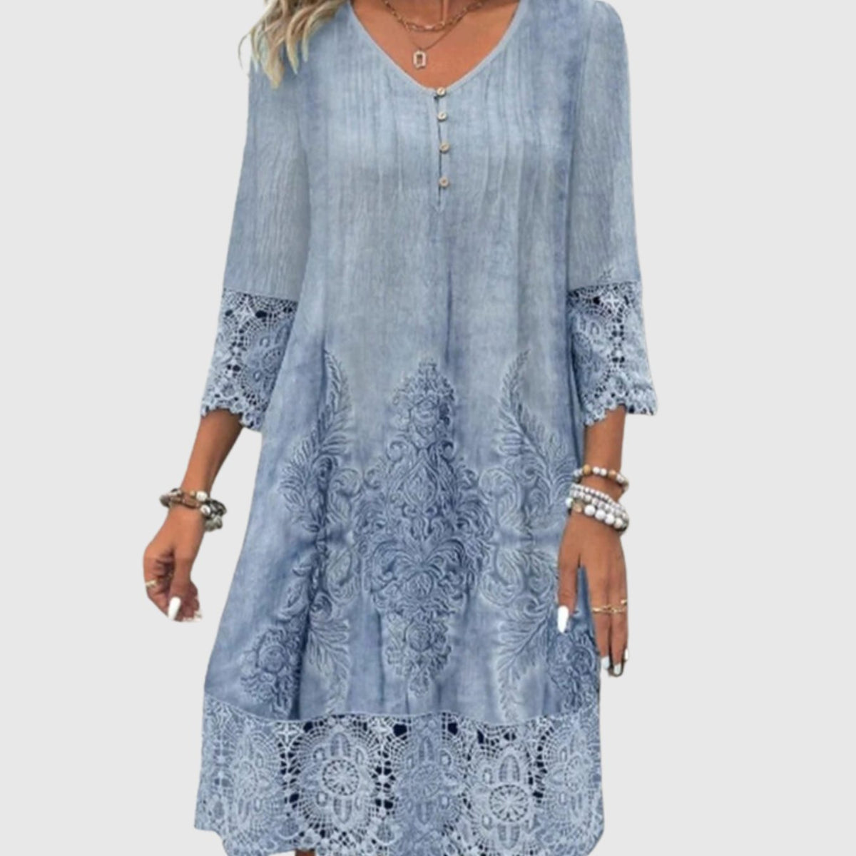 Women's Elegant Lace Dress A-Line V-Neck Three-Quarter Sleeve Midi - Blue