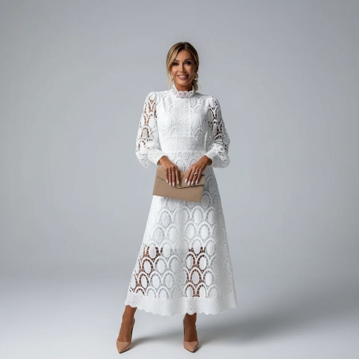 Women's Elegant Lace Midi Long Sleeve Dress High Mock Neck A-Line - White