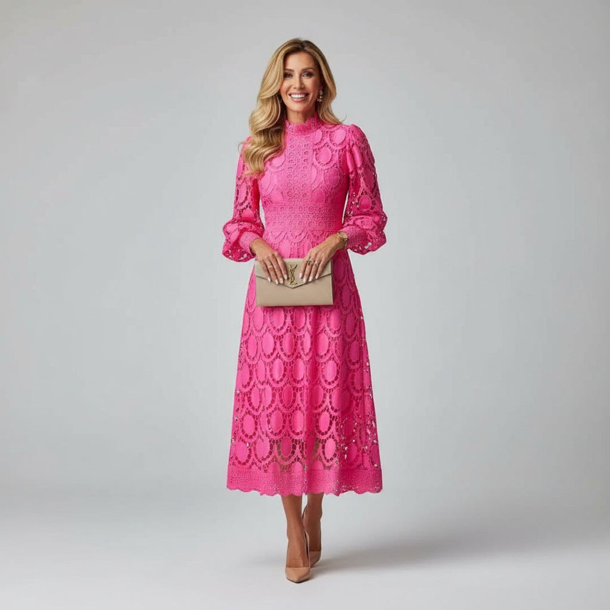 Women's Elegant Lace Midi Long Sleeve Dress High Mock Neck A-Line - Pink