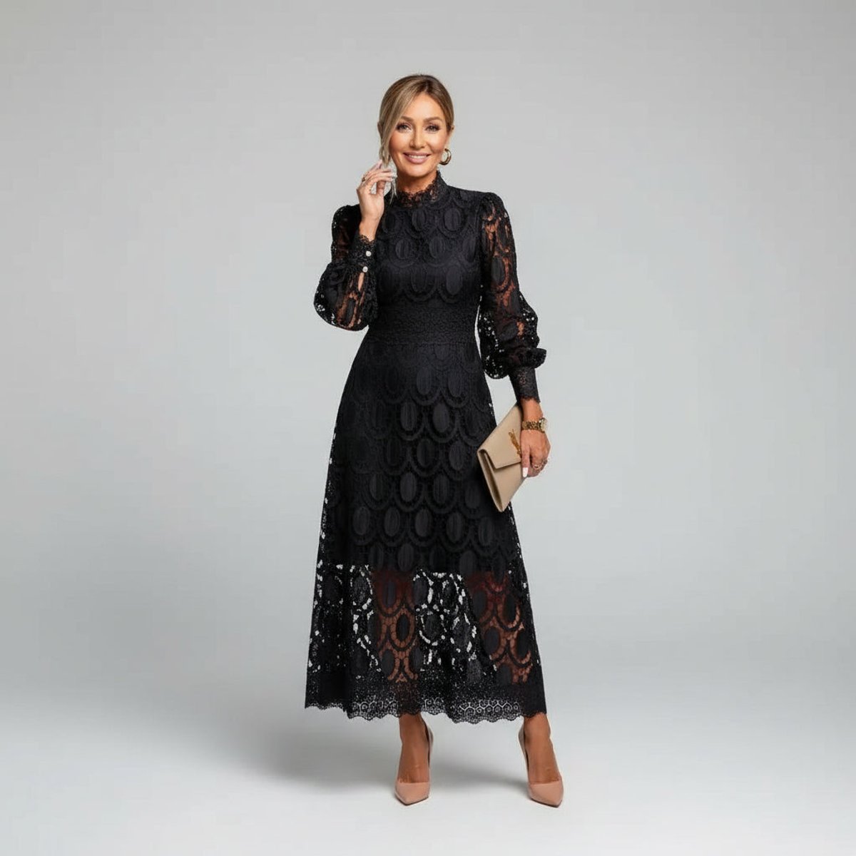 Women's Elegant Lace Midi Long Sleeve Dress High Mock Neck A-Line - Black